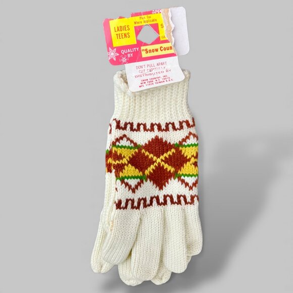 vintage Accessories - NOS Vintage 1970's "Snow Country" Knit Winter Gloves Womens Argyle deadstock
